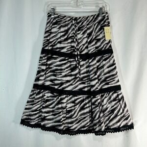 Studio West Apparel Zebra Print Lace Trim Tiered Midi Skirt Black White Medium